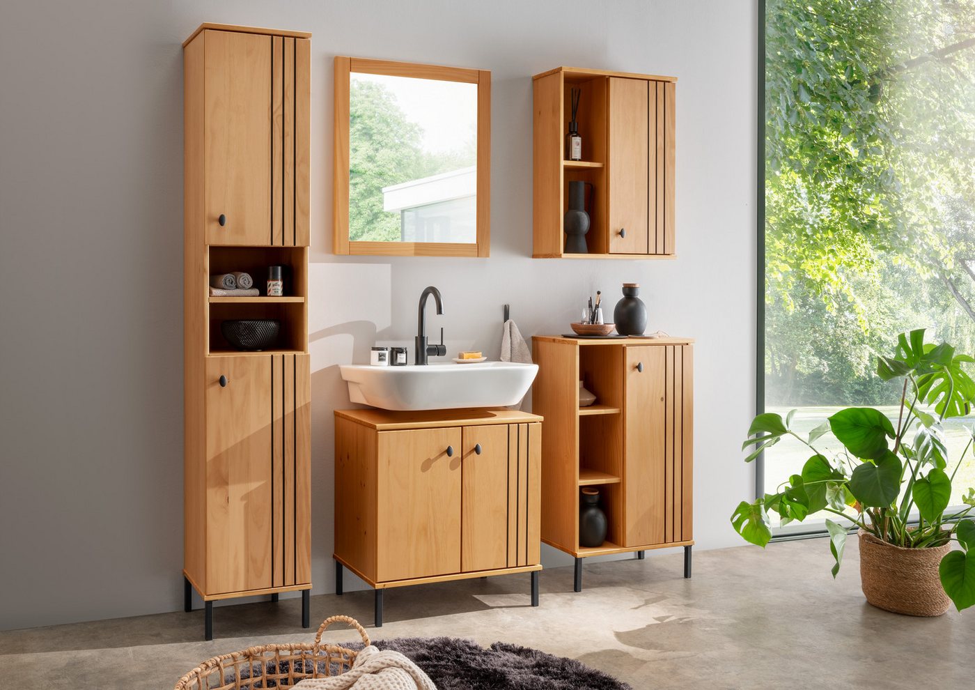 Woodroom Badmöbel-Set Sevilla, (Komplett-Set, 5-St., Kiefer massiv eichefarbig lackiert mit schwarzen Akzenten), Bad, Badmöbel, Badezimmer Möbel von Woodroom