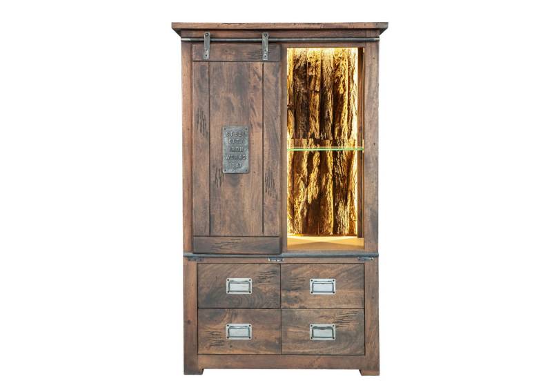 Woodroom Highboard Pali (Mango massiv gewachst dunkelbraun lackiert 90x150x45 cm, 4 Schubladen, 1 Rolltür), Highboard, Wohnzimmerschrank von Woodroom