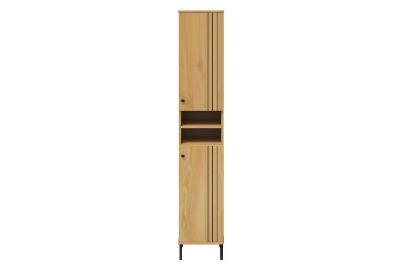Woodroom Hochschrank Sevilla (aus massiver Kiefer lackiert, elegante Eiche-Optik, viel Stauraum auf kleiner Fläche, Holzschrank für Badezimmer, 2-türig) Badschrank & Regal (lackiert, modern) von Woodroom