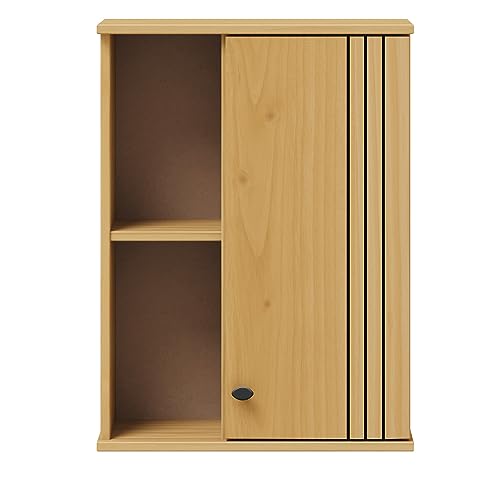 Woodroom | Sevilla - Massiver Hängeschrank | eichefarbig lackiert | Kiefer massiv | 52x70x21 cm | 2 offene Fächer | 1 Tür | Badschrank Badezimmerschrank von Woodroom