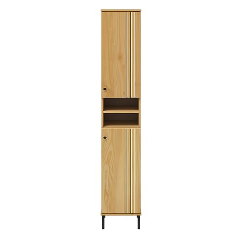 Woodroom Sevilla massives Regal eichefarbig lackiert Kiefer massiv 35x190x32 cm 2 offene Fächer 2 Türen Badezimmerschrank Hochregal von Woodroom