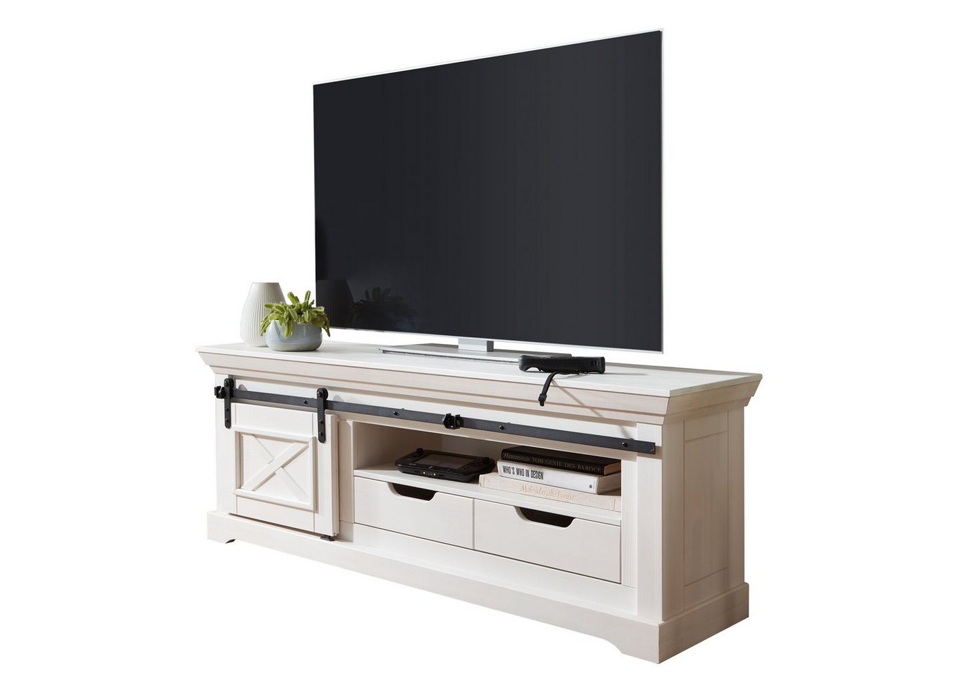 Woodroom TV-Schrank Maribo Kiefer massiv weiß, BxHxT 153x57x40 cm von Woodroom