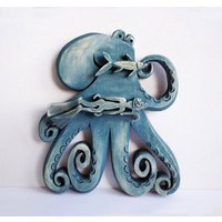 Der Zauberer-Oktopus, Ozeanwesen, Holz Wand Dekor, Geschnitzt Oktopus, Handmodelliertes Relief, Meerestier, Tiefblauer Oktopus Und Taucher von Woodsculpture69