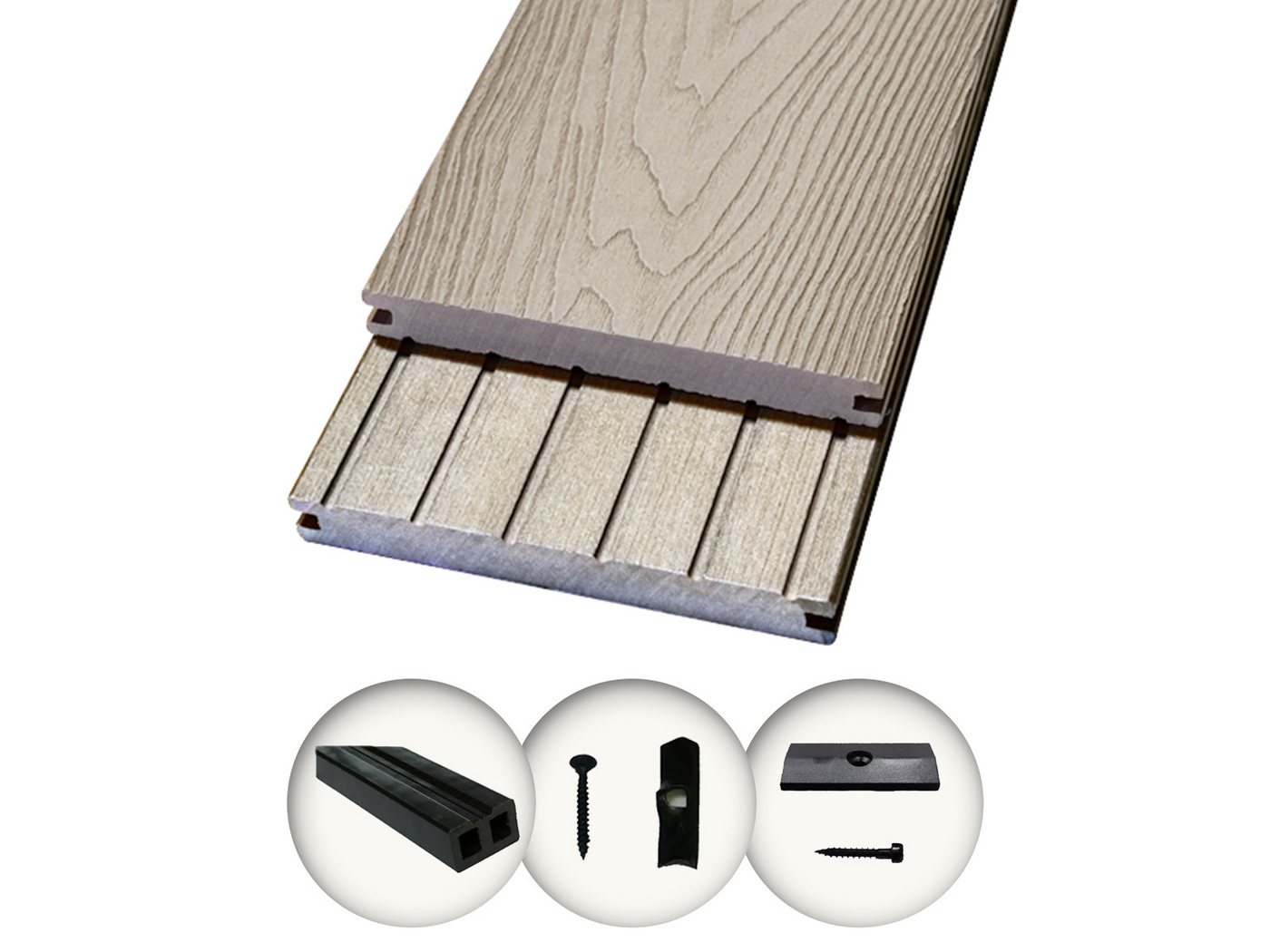 Woodstore24 Terrassendielen WoodoMalta WPC Massivdiele in 3D-Holzoptik für Terrasse & Balkon grau, (2,4m L x 14,6cm B x 1,8cm Stärke, Bodenbelag Komplettset mit Unterkonstruktion), Holzoptik, Klicksystem, Außenbereich, Gastronomie geeignet, wetterfest von Woodstore24