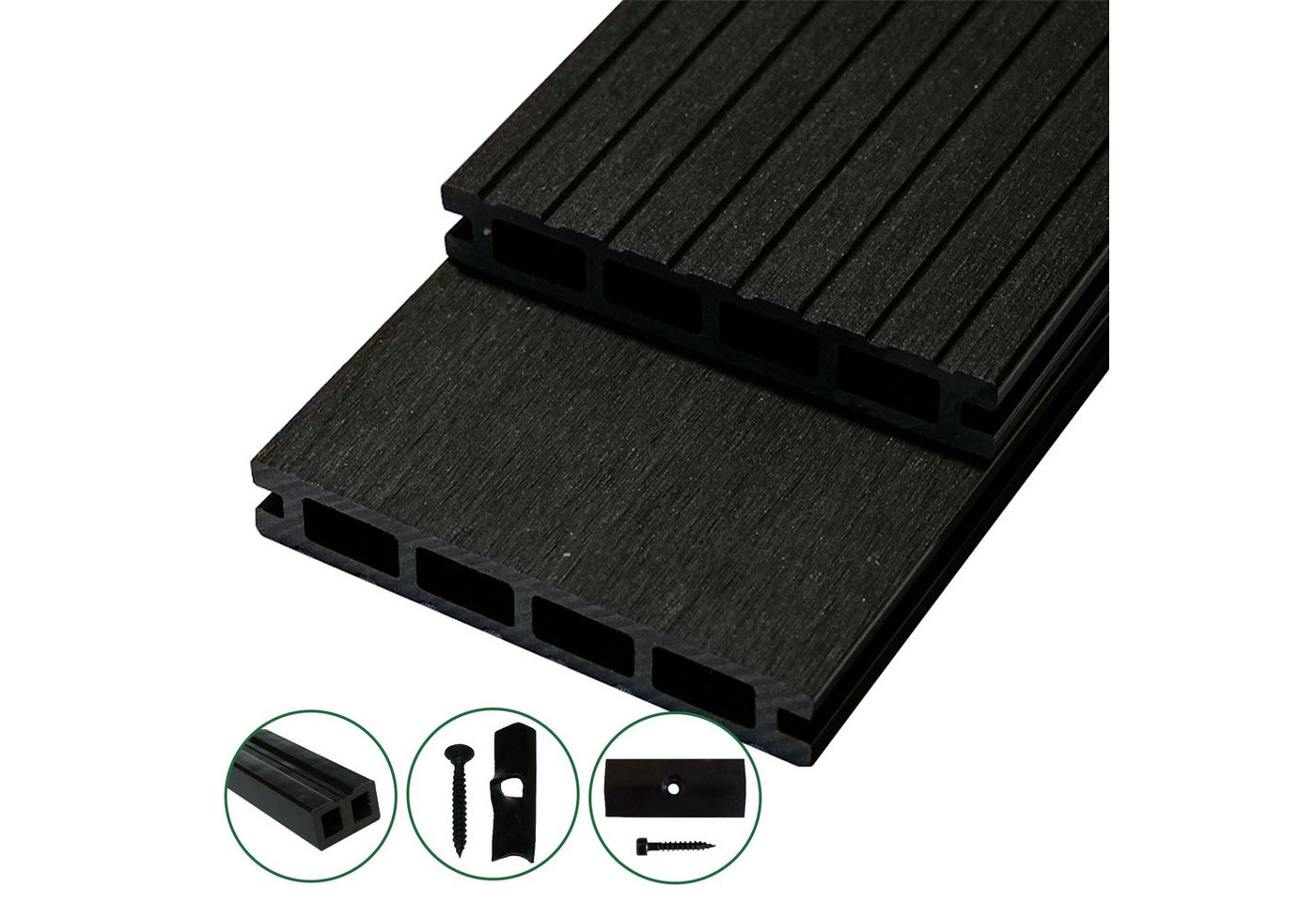 Woodstore24 Terrassendielen WoodoRhodos WPC Diele für Terrasse und Balkon mit Clipsystem anthrazit, (2,4m L x 12cm B x 2cm Stärke, Bodenbelag Komplettset mit Unterkonstruktion), Holzoptik, Klicksystem, Außenbereich, Gastronomie geeignet, wetterfest von Woodstore24
