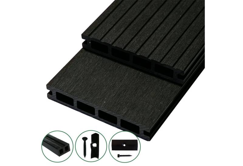 Woodstore24 Terrassendielen WoodoRhodos WPC Diele für Terrasse und Balkon mit Clipsystem anthrazit, (2,4m L x 12cm B x 2cm Stärke, Bodenbelag Komplettset mit Unterkonstruktion), Holzoptik, Klicksystem, Außenbereich, Gastronomie geeignet, wetterfest von Woodstore24