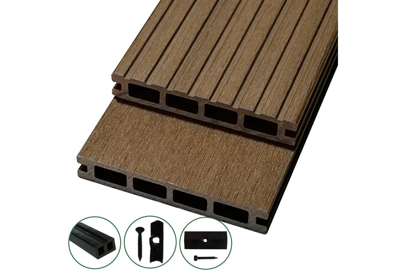 Woodstore24 Terrassendielen WoodoRhodos WPC Diele für Terrasse und Balkon mit Clipsystem braun, (2,4m L x 12cm B x 2cm Stärke, Bodenbelag Komplettset mit Unterkonstruktion), Holzoptik, Klicksystem, Außenbereich, Gastronomie geeignet, wetterfest von Woodstore24