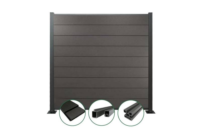 Woodstore24 Zaun WoodoZaun WPC Sichtschutzzaun gebürstete Optik für Garten & Terrasse, (1,85m Breit x 1,80m Höhe x 2cm Stärke, Lamellenzaun Komplettset inkl. Pfosten, Start- und Endprofil), Stecksystem, Lamelle aus recyceltem Kunststoff & Holzfasern, anthrazit von Woodstore24