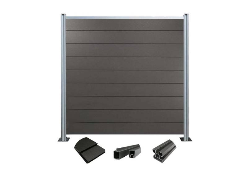 Woodstore24 Zaun WoodoZaun WPC Gartenzaun gebürstete Optik für Garten & Terrasse, (silber Pfosten, Sichtschutz - 1,85m Breit x 1,80m Höhe x 2cm Stärke, Lamellenzaun Komplettset inkl. Pfosten, Start- und Endprofil), Stecksystem, Lamelle aus recyceltem Kunststoff & Holzfasern, anthrazit von Woodstore24