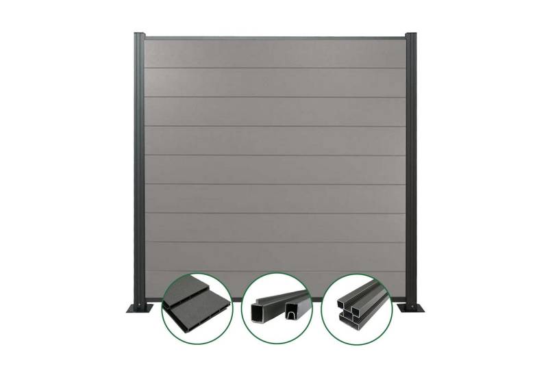 Woodstore24 Zaun WoodoZaun WPC Sichtschutzzaun gebürstete Optik für Garten & Terrasse, (1,85m Breit x 1,80m Höhe x 2cm Stärke, Lamellenzaun Komplettset inkl. Pfosten, Start- und Endprofil), Stecksystem, Lamelle aus recyceltem Kunststoff & Holzfasern, grau von Woodstore24