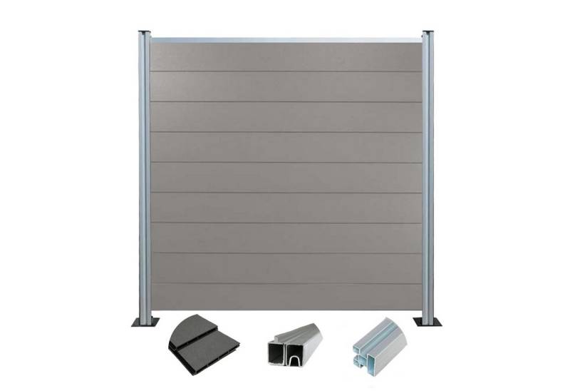 Woodstore24 Zaun WoodoZaun WPC Gartenzaun gebürstete Optik für Garten & Terrasse, (silber Pfosten, Sichtschutz - 1,85m Breit x 1,80m Höhe x 2cm Stärke, Lamellenzaun Komplettset inkl. Pfosten, Start- und Endprofil), Stecksystem, Lamelle aus recyceltem Kunststoff & Holzfasern, grau von Woodstore24