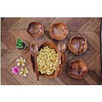 Akazienholz 7Er Set | Flare-Design Mutterschale Mit 4 Vorlegebesteck Und Besteck Handgefertigte Schalen Salatschüssel Pasta Schüssel von WoodwareandCo