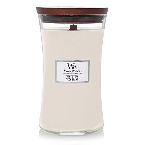 WoodWick Hourglass Große Duftkerze mit knisterndem Docht, bis zu 130 Stunden, Wachs, weiß (White Teak) von WoodWick