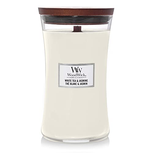 Große WoodWick Duftkerze im Sanduhrglas mit knisterndem Docht, White Tea & Jasmine, bis zu 130 Stunden Brenndauer von WoodWick