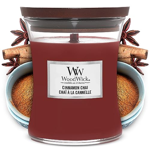 Mittelgroße WoodWick Duftkerze im Sanduhrglas mit knisterndem Docht, Cinnamon Chai, bis zu 60 Stunden Brenndauer von WoodWick