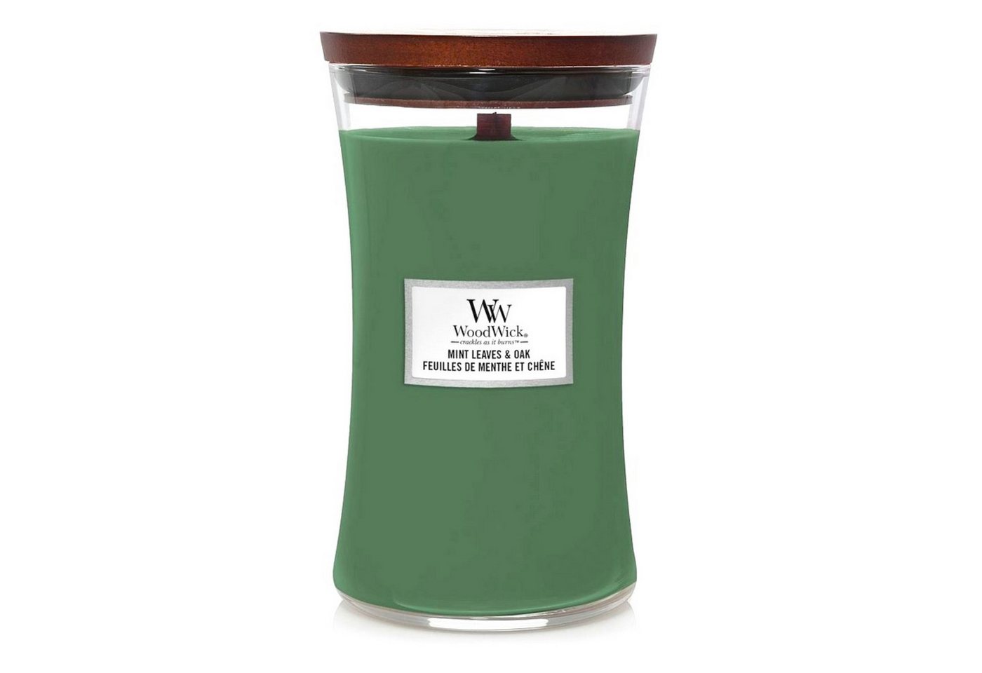 Woodwick Duftkerze Mint Leaves & Oak im großen Sanduhr Glas mit Holzdeckel, 610g Large, Frische Minzblätter treffen auf geräucherte Eiche und Zypresse von Woodwick