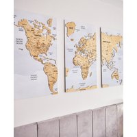 3 Panel Wandkunst Über Dem Bett Dekor, Weltkarte Reisekarte, Holz 10 Jahre Jubiläumsgeschenk, Push Pin von WoodyWoodUA