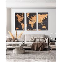 Weltkarte 3Er Set Wandkunst, Wohnung Dekor Reise Karte 5. Jahrestag Geschenk, Pin Pinnwand Über Dem Bett von WoodyWoodUA