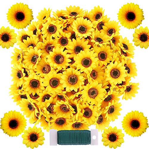 Woohome 120 Stück Künstliche Sonnenblumen 7CM und 9CM Kunstblumen Sonnenblumen Plastik Sonnenblume Köpfe für Haus Garten Zuhause Party Dekoration Props Gelb von Woohome