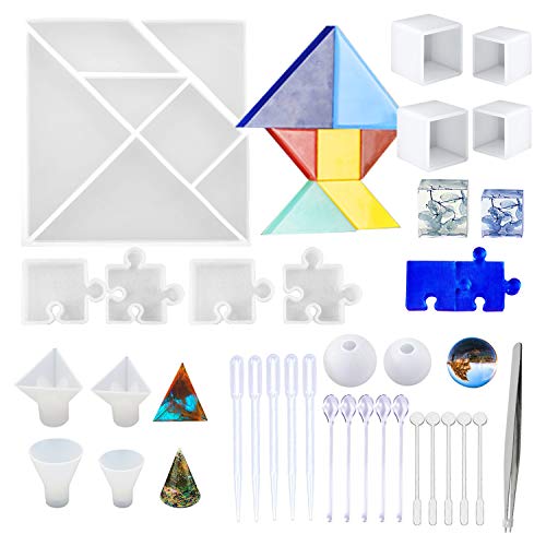 Woohome 33 Stück Schmuck Silikonform Puzzle, 17 Stück Geometrisch Gießform Resin Form, 15 Stück Werkzeuge herstellen und 1 Stück Pinzette für DIY Basteln von Woohome