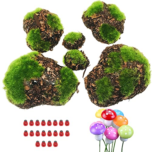 Woohome 36 Stück Künstliche Moosmoos, Rocks, dekorativ, 6 Stück, künstliches Sägemehl aus Moos und Simulation Marienkäfer, Pilz, DIY, für Gartendekoration, Grün von Woohome