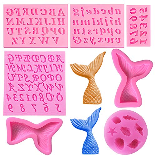 Woohome 5 Stück Silikonform Muschel Fondant Backen 3D Silikon Backformen Set Englischer Buchstabe Silikon Kuchenformen Fischschwanz Schale Silikonform für Geburtstag Babyparty Taufe von Woohome