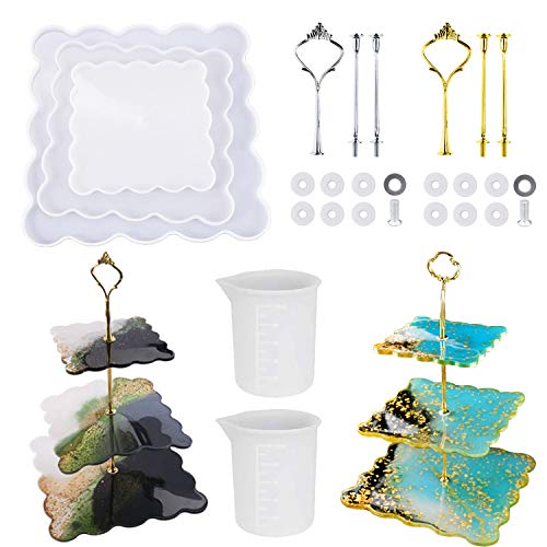 Woohome Schmuck Silikonform 3-Teilige Tablett Gießform Resin Mold Wave Achat Obsttablett Silikonform mit 3 Abgestuft Kronenhalterung für Cupcakes Früchte Dessert Oder Tee, Quadrat von Woohome