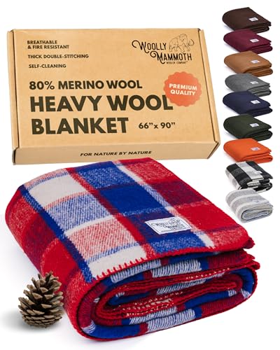 Woolly Mammoth Woolen Company Limited Edition Farmhouse Kollektion Freedom Wolldecke 66" x 90" Rot/Navy/Creme Plaid von Woolly Mammoth Woolen Company