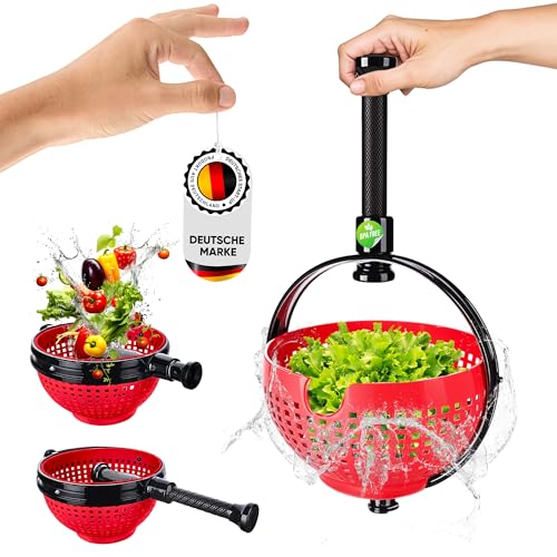 WoonFux® NEU!!! Salatschleuder mit praktischem Klappgriff - Salat Spinner mit minimaler Kraftanwendung durch Druck - Salatschleuder faltbar für Ihren Küchenkomfort (Rot) von WoonFux