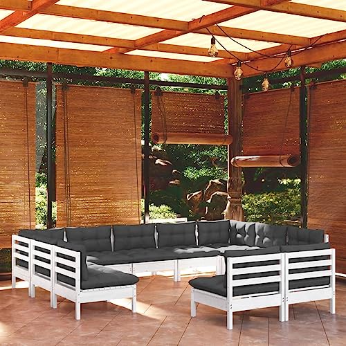 11-TLG. Garten-Lounge-Set mit Kissen Weiß Kiefer Massivholz Rattan gartenmöbel Set von Woonisher