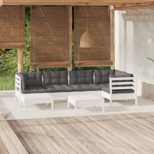 7-TLG. Garten-Lounge-Set mit Kissen Weiß Kiefer Massivholz Rattan gartenmöbel Set 7-TLG. Garten-Lounge-Set mit Kissen Weiß Kiefer Massivholz Rattan gartenmöbel Set von Woonisher