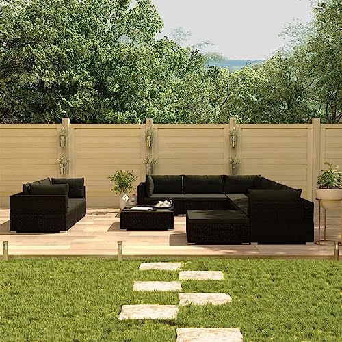 Woonisher 10-TLG. Garten-Lounge-Set mit Auflagen Poly Rattan Schwarz Rattan gartenmöbel Set von Woonisher