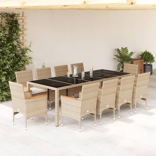 Woonisher 11-TLG. Garten-Essgruppe mit Kissen Beige Poly Rattan und Glas Rattan gartenmöbel Set von Woonisher