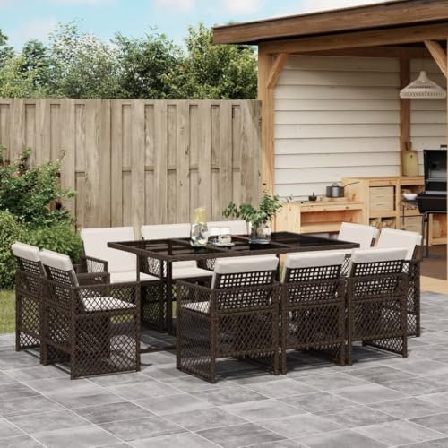 Woonisher 11-TLG. Garten-Essgruppe mit Kissen Braun Poly Rattan Rattan gartenmöbel Set von Woonisher