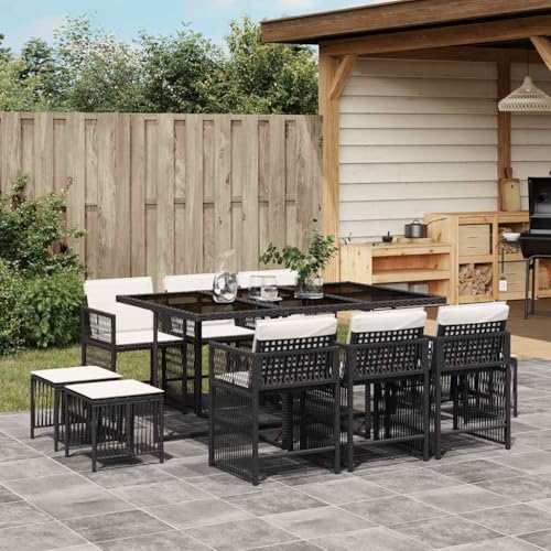 Woonisher 11-TLG. Garten-Essgruppe mit Kissen Schwarz Poly Rattan Rattan gartenmöbel Set von Woonisher
