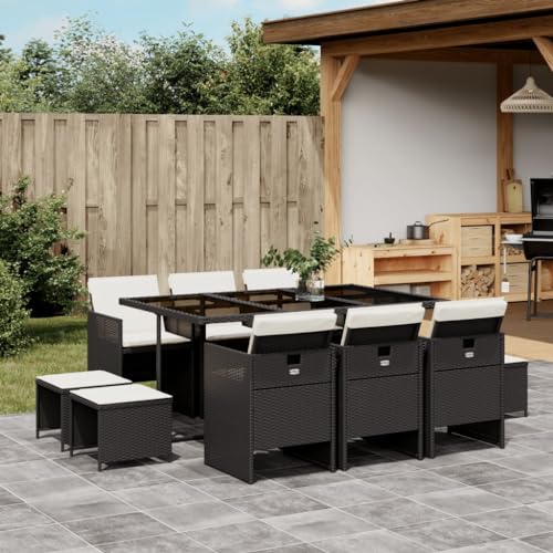 Woonisher 11-TLG. Garten-Essgruppe mit Kissen Schwarz Poly Rattan Rattan gartenmöbel Set von Woonisher