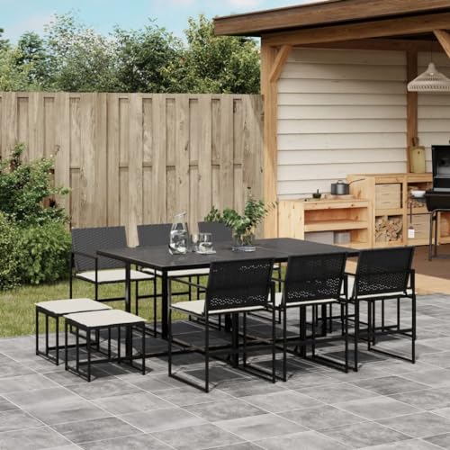 Woonisher 11-TLG. Garten-Essgruppe mit Kissen Schwarz Poly Rattan Rattan gartenmöbel Set von Woonisher