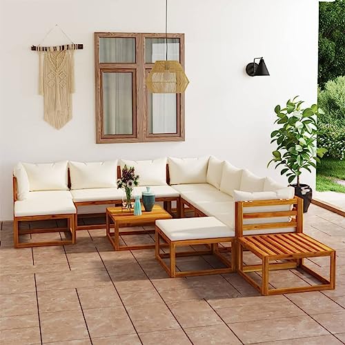 Woonisher 12-TLG. Garten-Lounge-Set mit Auflagen Creme Massivholz Akazie Rattan gartenmöbel Set von Woonisher