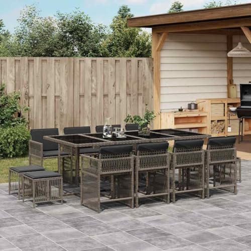 Woonisher 13-TLG. Garten-Essgruppe mit Kissen Grau Poly Rattan Rattan gartenmöbel Set von Woonisher
