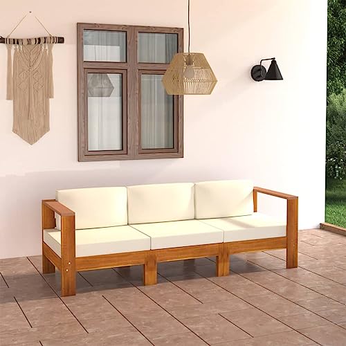 Woonisher 3-Sitzer-Gartensofa mit Cremeweißen Auflagen Massivholz Akazie Rattan gartenmöbel Set von Woonisher