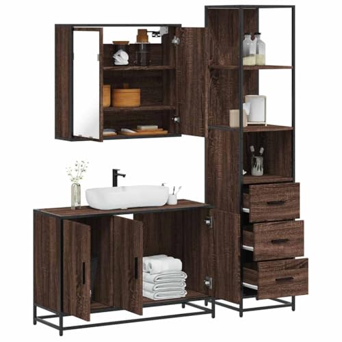 Woonisher 3-TLG. Badmöbel-Set Braun Eichen-Optik Holzwerkstoff badmöbel Set mit spiegelschrank von Woonisher