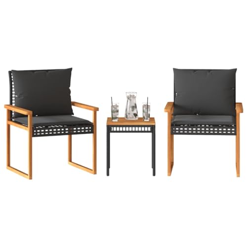 Woonisher 3-TLG. Bistro-Set mit Kissen Schwarz Poly Rattan Akazienholz Rattan gartenmöbel Set von Woonisher