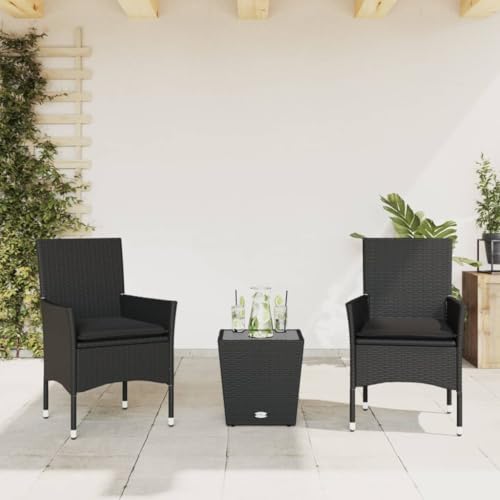 Woonisher 3-TLG. Bistro-Set mit Kissen Schwarz Poly Rattan und Glas Rattan gartenmöbel Set Woonisher 3-TLG. Bistro-Set mit Kissen Schwarz Poly Rattan und Glas Rattan gartenmöbel Set von Woonisher