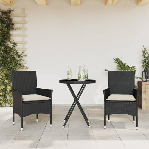 Woonisher 3-TLG. Bistro-Set mit Kissen Schwarz Poly Rattan und Glas Rattan gartenmöbel Set Woonisher 3-TLG. Bistro-Set mit Kissen Schwarz Poly Rattan und Glas Rattan gartenmöbel Set von Woonisher