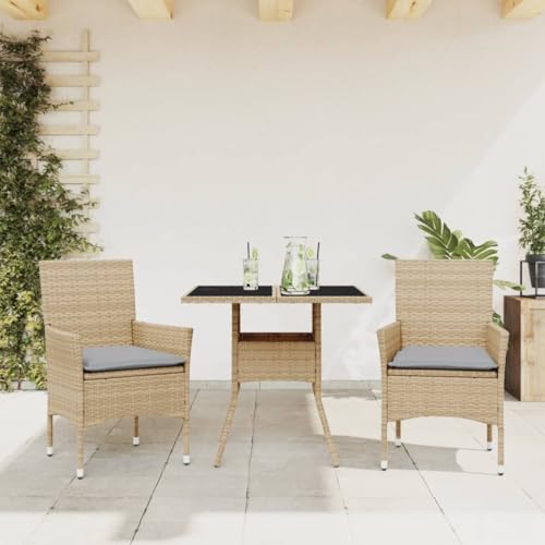 Woonisher 3-TLG. Garten-Essgruppe mit Kissen Beige Poly Rattan und Glas Rattan gartenmöbel Set von Woonisher