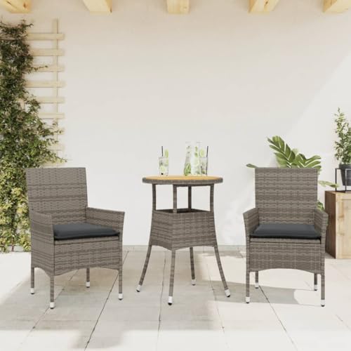 Woonisher 3-TLG. Garten-Essgruppe mit Kissen Grau Poly Rattan Akazie Rattan gartenmöbel Set von Woonisher
