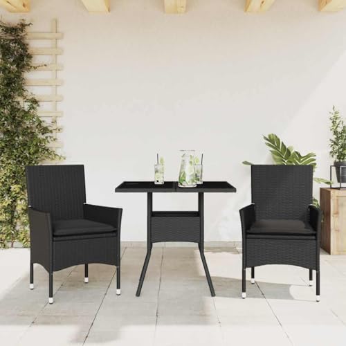 Woonisher 3-TLG. Garten-Essgruppe mit Kissen Schwarz Poly Rattan Glas Rattan gartenmöbel Set von Woonisher