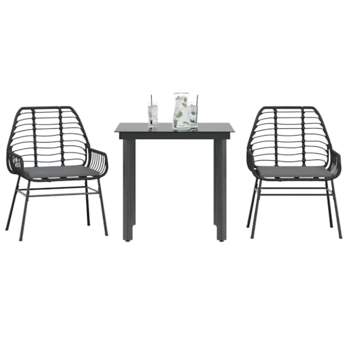 Woonisher 3-TLG. Garten-Essgruppe mit Kissen Schwarz Poly Rattan Glas Rattan gartenmöbel Set von Woonisher