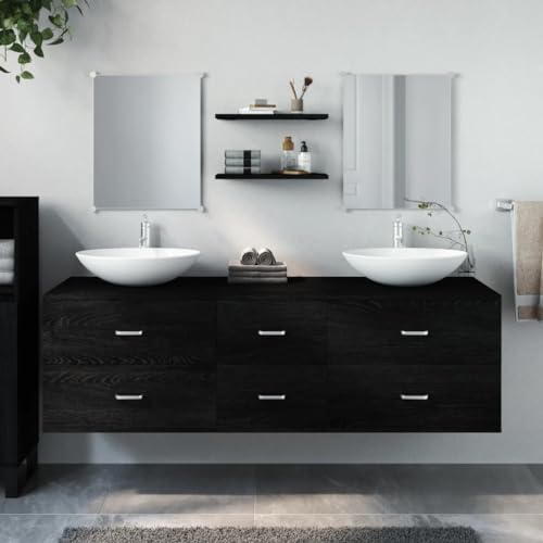 Woonisher 5-TLG. Badmöbel-Set Schwarz Holzwerkstoff badmöbel Set mit spiegelschrank von Woonisher