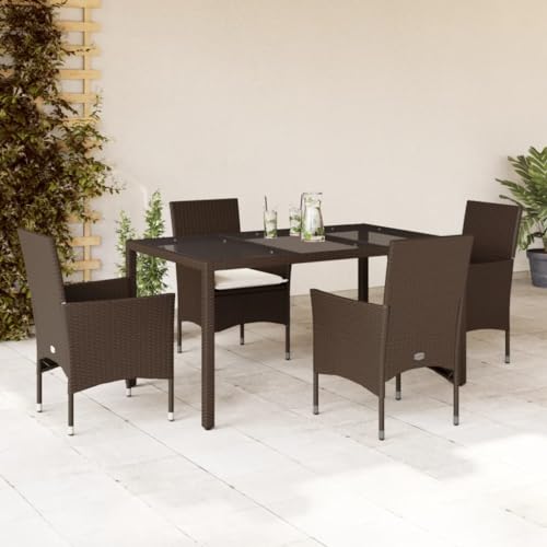 Woonisher 5-TLG. Garten-Essgruppe mit Kissen Braun Poly Rattan Glas Rattan gartenmöbel Set von Woonisher